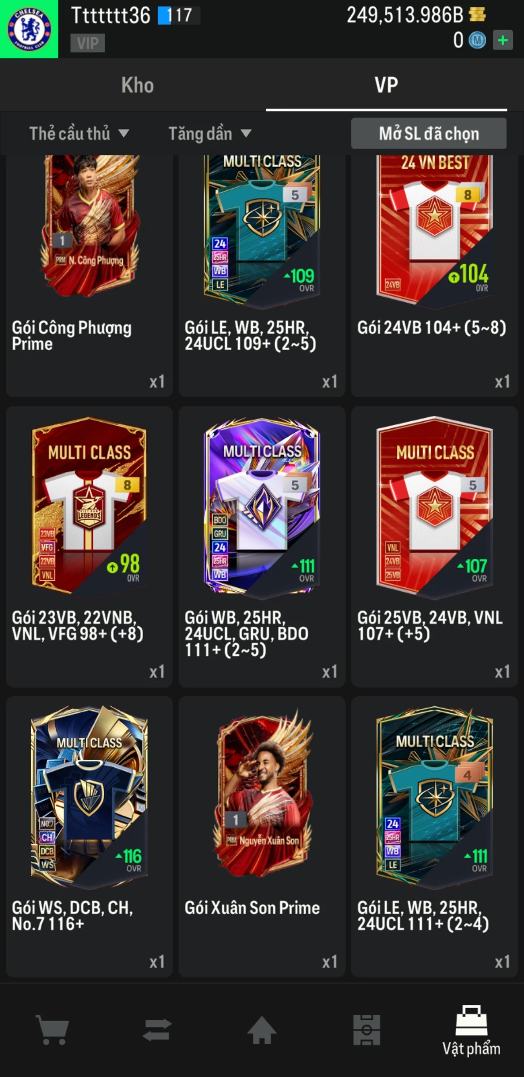 Ảnh ACC mở thẻ (LOẠI SVIP PROMAX) bao gồm có 02 thẻ +12, 04 thẻ PRIME (QH+, CP+, XS+, HĐ+) và hơn 1600+ thẻ cầu thủ từ Siêu sao đến Miền núi các loại. Acc có sẵn BP trắng từ 230.000 tỷ BP đến 250.000 tỷ BP kèm theo nhiều ngày SVIP